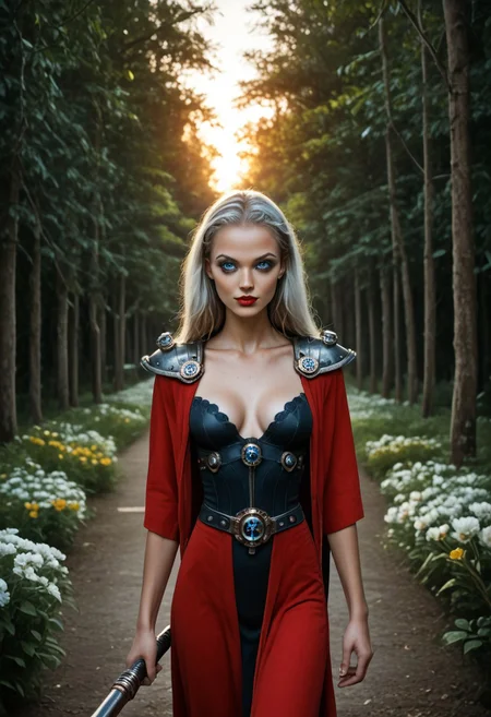 Realism_Quality_2xx_By_Stable_Yogi, score_9, score_8_up, score_7_up, 1girl, solo, beautiful mature female, 34 years old, female, curvy, looking at viewer, ultra realistic, bright blue eyes, masterpiece, high detailed skin, red lips, long hair, massive_breasts:2.6, seductive smile, sultry, serious stare, stern look, dynamic, firm breast, eye shadow, makeup, milf, hands hidden, realistic, lipstick, autumn, sunny, streaked hair, red hair, white streaks, absurdres, highres, sunset, flower garden, trees, dusk, breasts, adeptus mechanicus, red robe, tech priest, mechanical joints, ambient occlusion, white hair, dark makeup, goth girl, 1girl, looking at viewer, eye contact, full body shot, dynamic pose, midriff, shoulder pads, detailed background, holding a weapon, electro-whip, perfect eyes, detailed eyes, Na'vi, <lora:EnvyDarkImpressionismXL01:2.8>