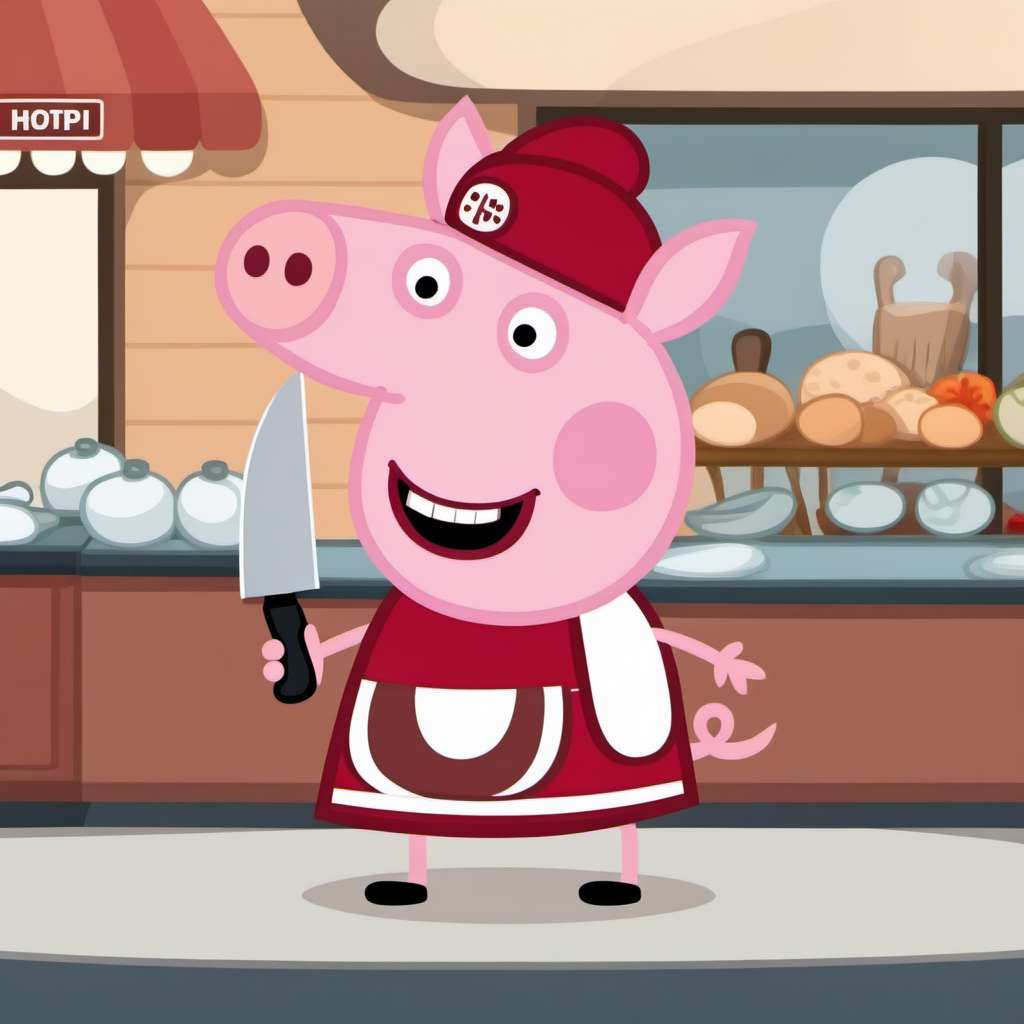 cinematic photo a cartoon pig dressed as a butcher, butcher apron, holds a butcher knife, butcher's shop <lora:Peppa1024:0.8> . 35mm photograph, film, bokeh, professional, 4k, highly detailed