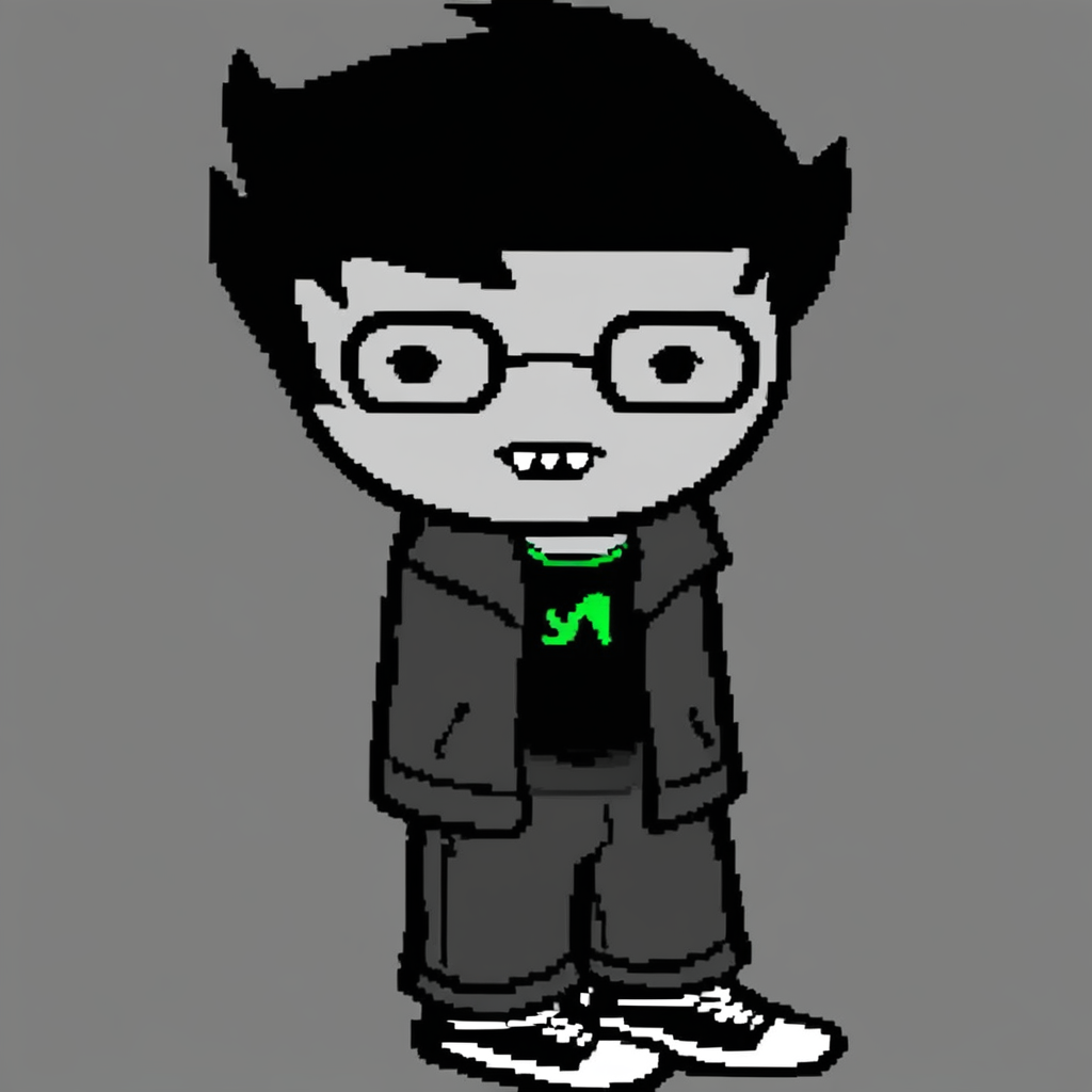 homestuck, 1boy, solo, shoes, jacket, simple background, transparent background, shirt, full body, standing, chibi, black hair, glasses, looking at viewer, teeth, open clothes, shorts, short hair, pants, jewelry, long sleeves, sneakers, open jacket, spot color