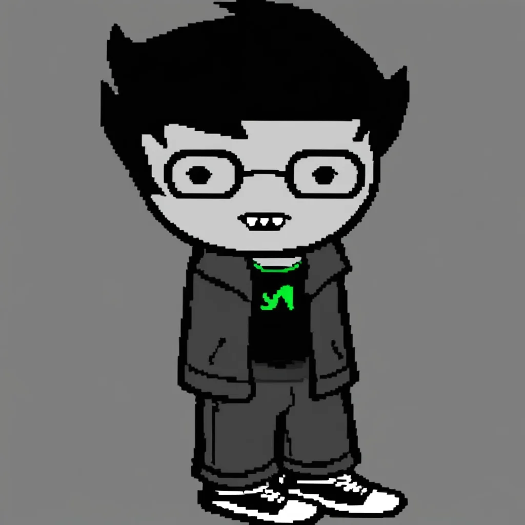 homestuck, 1boy, solo, shoes, jacket, simple background, transparent background, shirt, full body, standing, chibi, black hair, glasses, looking at viewer, teeth, open clothes, shorts, short hair, pants, jewelry, long sleeves, sneakers, open jacket, spot color
