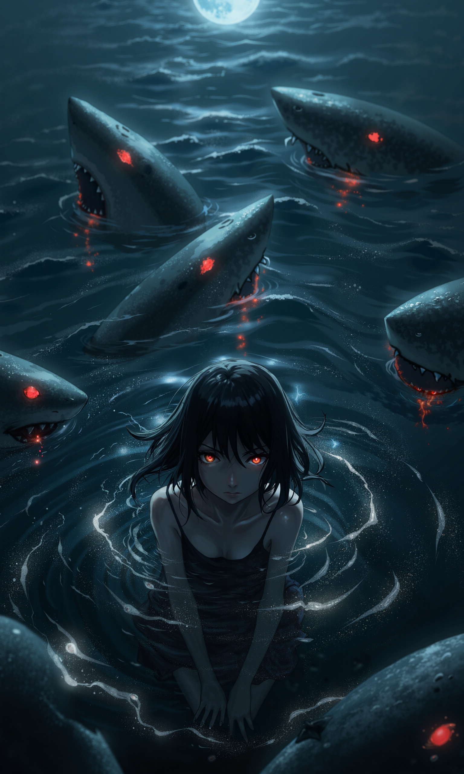 In a cinematic wide shot, reminiscent of Akira Kurosawa's dramatic style, a lone figure of Mona from Genshin Impact stands partially submerged in dark, wind-rippled water, surrounded by ominous shark fins and glowing red eyes with slit pupils, evoking an air of foreboding tragedy. Her smug expression, with a hint of yandere intensity, is accentuated by a slight head tilt as she looks up at the viewer with an unblinking gaze, her closed mouth a picture of enigmatic calm. The nighttime setting is defined by a detailed, high-contrast background with deep shadows and highlights, illuminated by a mix of cool blue moonlight and warm golden ambient light, casting an ethereal glow on the rippling water's surface, which reflects the dark sky like a mirror. A subtle film grain and muted color grading add a sense of gritty realism, while the overall atmosphere is heavy with tension and unease. The painting is in the style of umesky<lora:ume_sky_v2.safetensors:0.8:0.8>