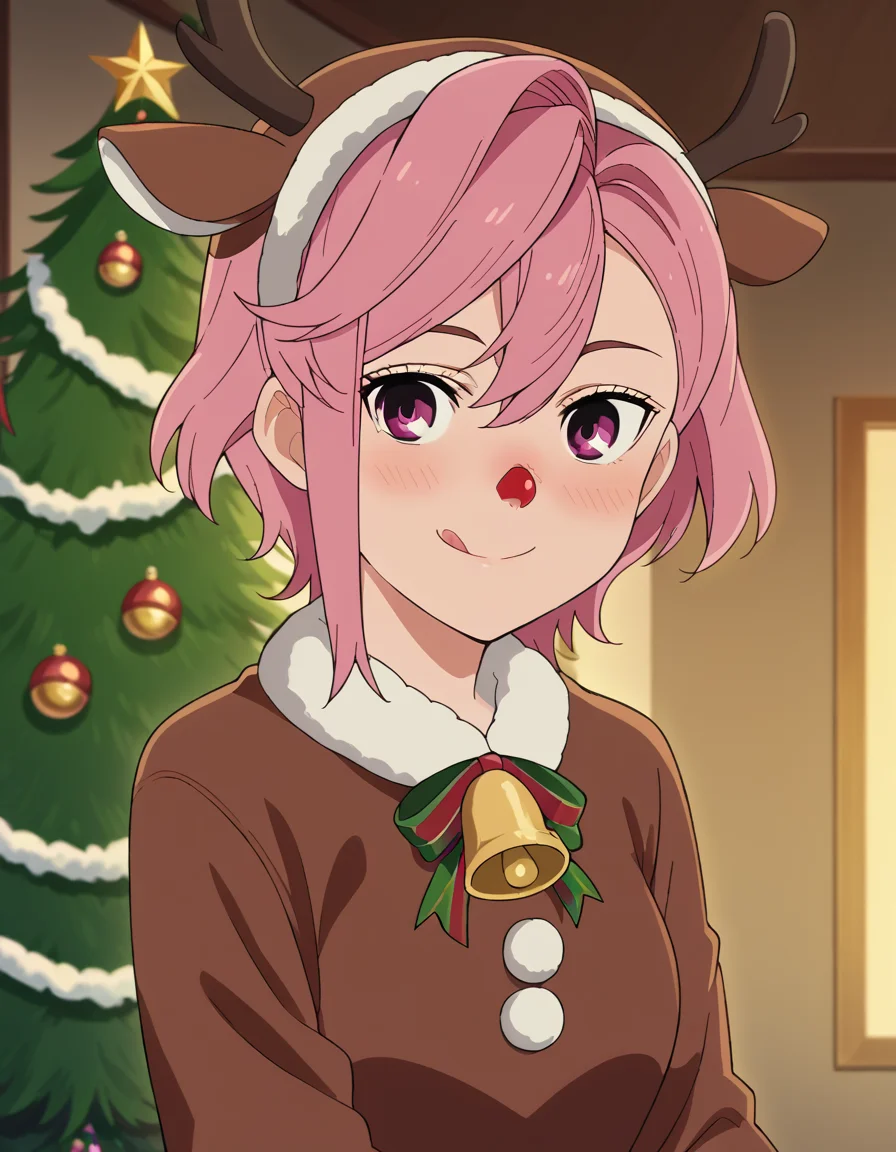 score_9, score_8_up, score_7_up, source_anime, <lora:aira-shiratori-s1-ponyxl-lora-nochekaiser:1>, aira shiratori, short hair, bangs, hair between eyes, pink hair, pink eyes, medium breasts, anime screencap,, <lora:reindeer-costume-ponyxl-lora-nochekaiser:1>, reindeer costume, animal costume, reindeer antlers, antlers, fake antlers, reindeer hood, christmas, red nose, deer ears, deer tail, christmas tree, bell, horns, reindeer,, blush, smile, tongue out, looking at viewer,, , dutch angle, cowboy shot