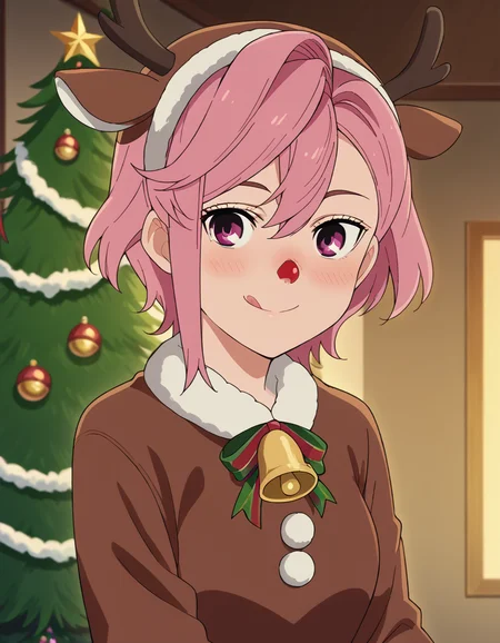score_9, score_8_up, score_7_up, source_anime, <lora:aira-shiratori-s1-ponyxl-lora-nochekaiser:1>, aira shiratori, short hair, bangs, hair between eyes, pink hair, pink eyes, medium breasts, anime screencap,, <lora:reindeer-costume-ponyxl-lora-nochekaiser:1>, reindeer costume, animal costume, reindeer antlers, antlers, fake antlers, reindeer hood, christmas, red nose, deer ears, deer tail, christmas tree, bell, horns, reindeer,, blush, smile, tongue out, looking at viewer,, , dutch angle, cowboy shot