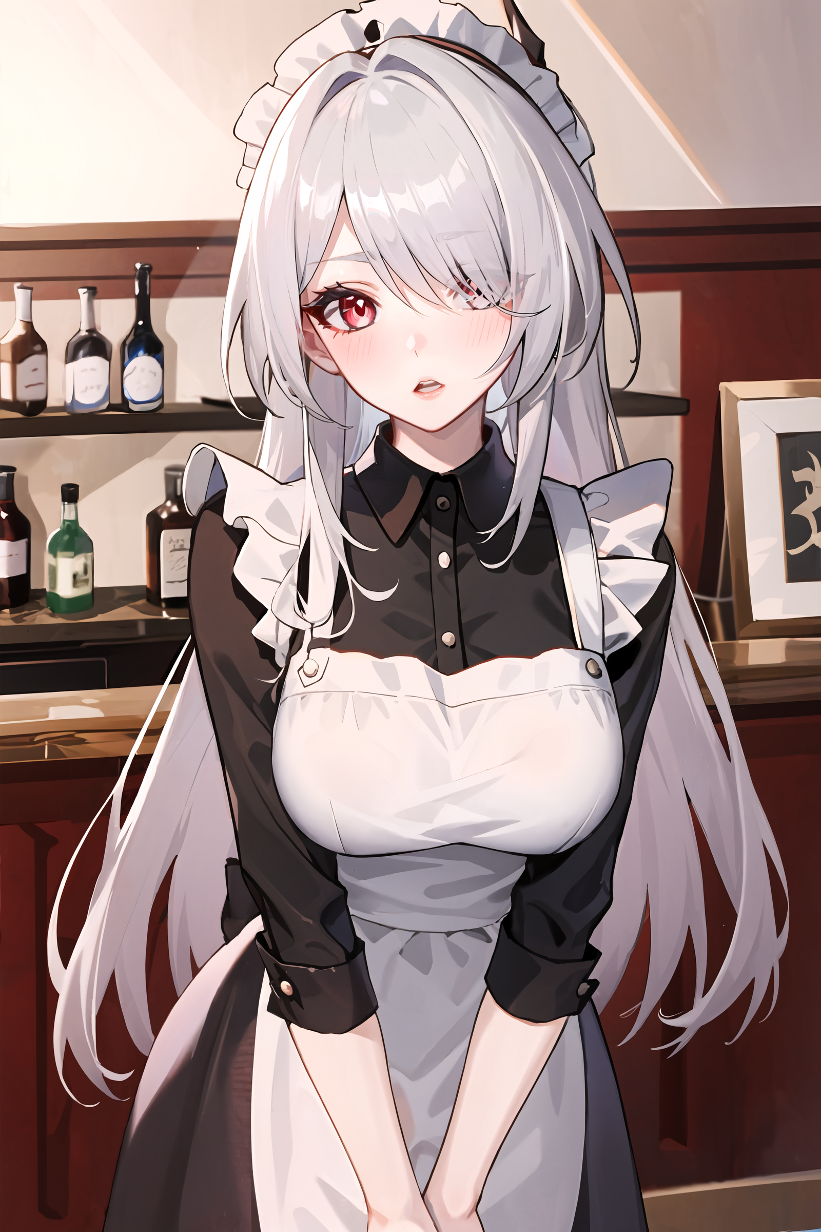1girl, acheron \(honkai: star rail\), solo, red eyes, silver hair, pale skin, maid, maid headdress, maid apron, pantyhose, open mouth, blush, parted lips, looking at viewer, cowboy shot, bar \(place\), indoors, depth of field