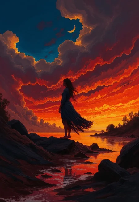 A breathtaking, cinematic photograph of a solitary woman standing on jagged rocks at the water's edge, silhouetted against a vibrant sky ablaze with fiery reds and oranges, streaked with soft, swirling clouds and a glowing crescent moon. Her flowing dress moves gently in the wind, her arms outstretched in an evocative gesture of longing and connection. The dramatic lighting intensifies the contrast between the blazing warmth of the sky and the deep, shadowy blues of the rocks and water, adding depth and heightened emotion to the scene. Bold rim lighting bathes her silhouette in a fiery glow, emphasizing her presence and creating striking separation from the vivid background. The water reflects the intense hues of the sky, shimmering with molten tones that draw the viewer’s eye toward the horizon. In the background, faint outlines of distant rocks and trees add texture and mystery, completing this surreal yet emotionally charged visual narrative. Conceptual, cinematic, vibrant. vantablack DB4RZ DB4RZ style painting