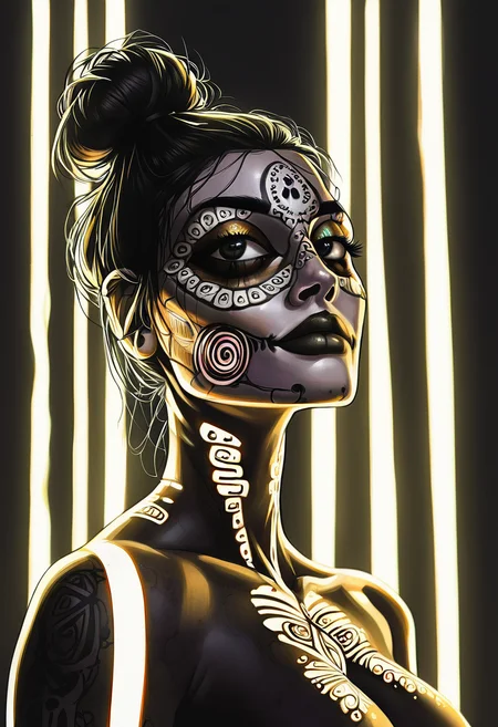 score_9, score_8_up, score_7_up, score_6_up, 1girl, (neon hair:1.1), hair bun, dia de los muertos face paint,beautiful, cute face, big eyes, day of the dead makeup, dark eyeliner, (black and white face makeup:1.2), skeleton facepaint, detailed background, depth of field, hazy, busty, striped lighting, portrait, glow, pinup girl pose, sexy, alluring, high contrast, upper body, jewelry, skimpy outfit, s1_dram