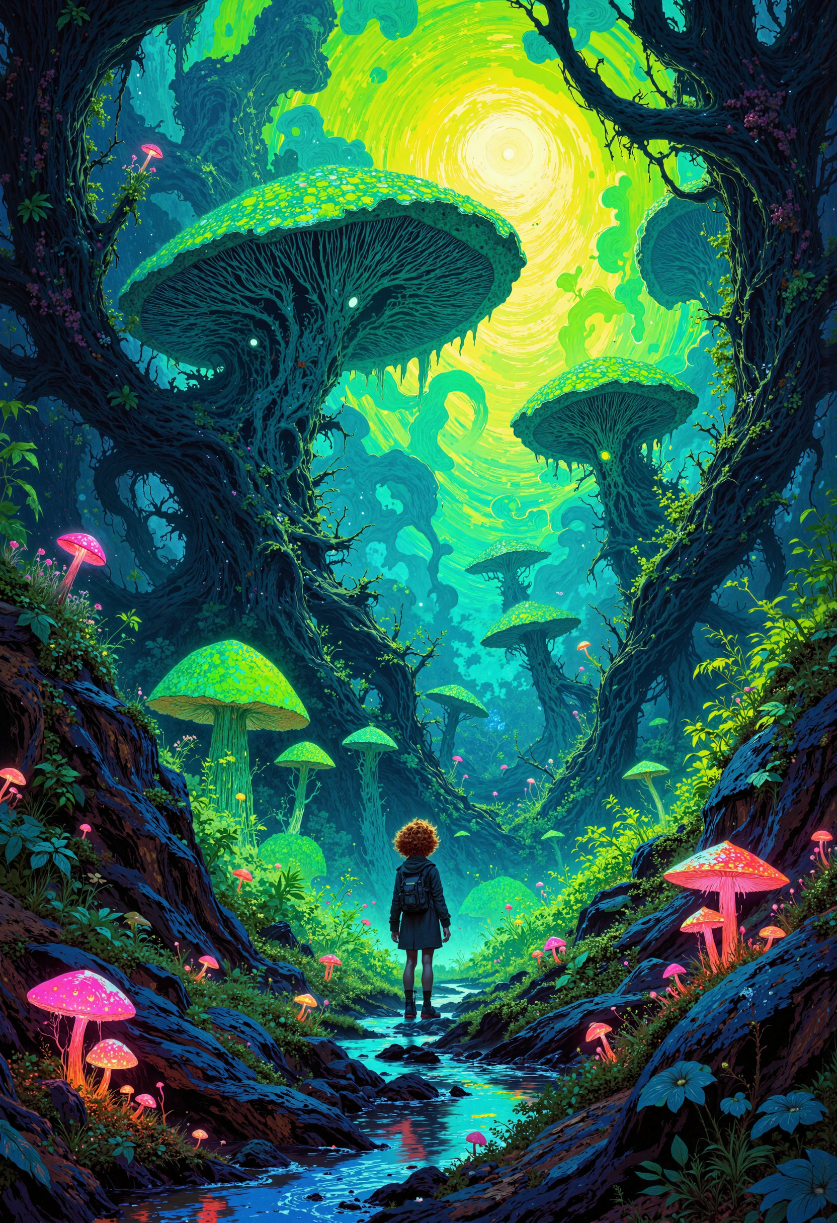 masterpiece, high-quality, bioluminescent junglescape acrylic, At dusk, a lone scholar with short, curly auburn hair carefully navigates a labyrinth of gigantic, glowing mushrooms and phosphorescent vines. The acrylic brushstrokes blend vivid teal and luminous lime, creating a swirling aura around each cluster of alien flora. Rustling shadows suggest hidden wildlifeâglinting eyes that flicker in the neon gloom. The cameras wide angle reveals a verdant terrain rising into towering canopies, each leaf veined with shifting rainbow lights. Hyperdetailed droplets of condensed humidity glisten on the mushroom caps, capturing the moments surreal beauty in an otherworldly glow, <lora:FLUX\Anime v1.3:0.5> <lora:FLUX\FLUX-daubrez-DB4RZ:0.3> <lora:FLUX\VividlySurrealOrigin:0.6>