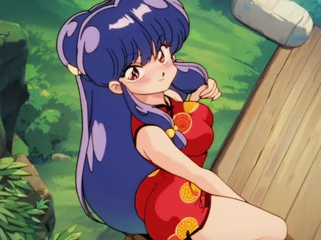 score_9, score_8_up, score_7_up, 1girl on side, sexy pose, naughty face, futon, japanese temple, from above, front, squeezed, solo focus, looking at viewer, nervous smile, blush, naughty face, cowboy shot, (dynamic pose:1.1), cute, nsfw, medium breasts, thick thighs, sexy pose, from side, embarrassed, round ass, detailed eyes, bright pupils,
<lora:ShampooXLP_character:1> ShampooXLP, long hair, purple hair, double bun, bangs, hair ornament, hair bell, sidelocks, red eyes, anime screencap, retro artstyle, red china dress,, retro artstyle, anime screencap, shampoo \(ranma 1/2\),