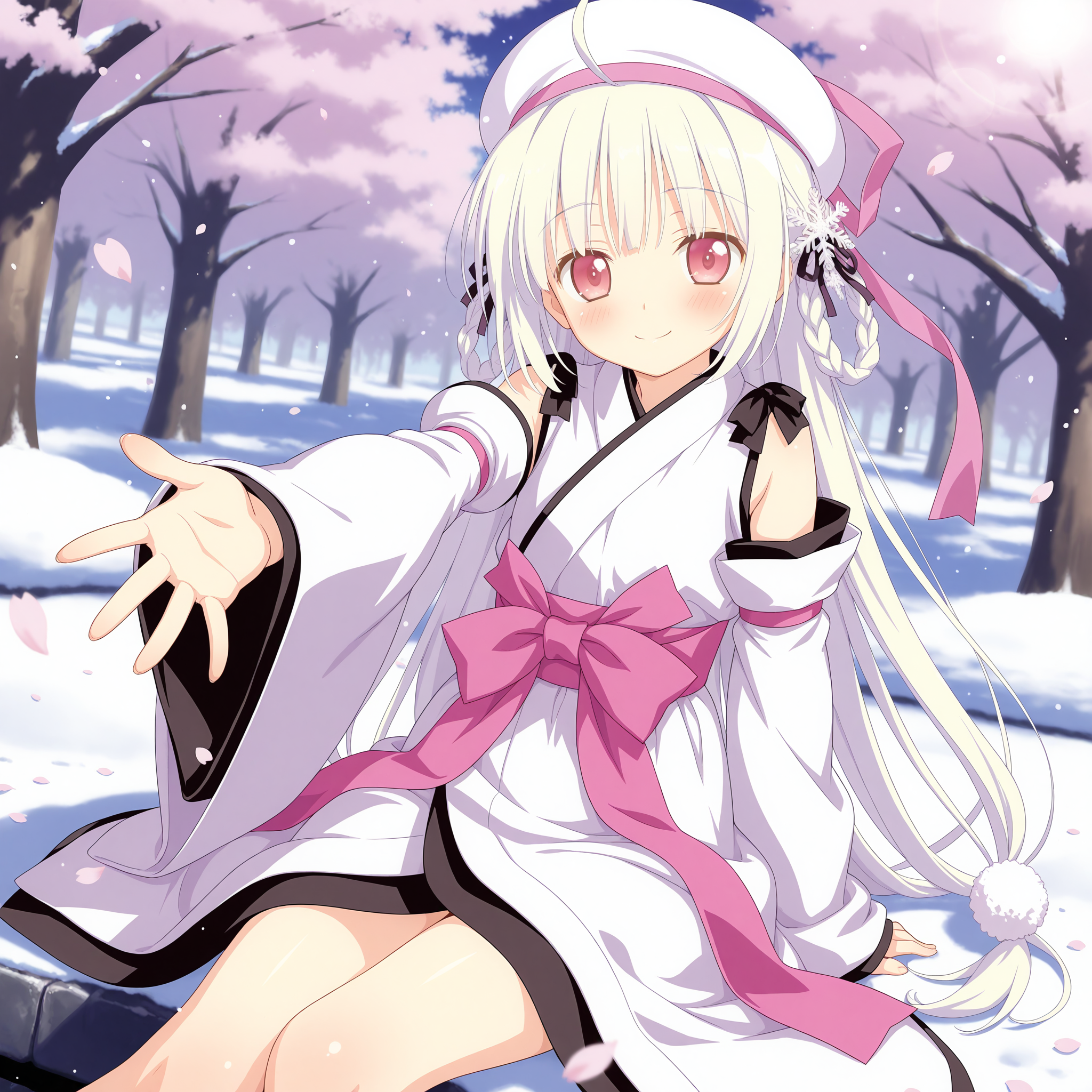 <lora:Yuuki_2_nai_7-000037:1>,
Yuuki,hair rings,braid,snowflake hair ornament,black ribbon,pom pom hair ornament,
white beret,hat ribbon,pink ribbon,detached sleeves,japanese clothes,long sleeves,wide sleeves,kimono dress,white kimono,pink sash,black bow,layered kimono,
BREAK
1girl,solo,sitting,looking at viewer,front view,snow,winter,smile,arm support,reaching towards viewer,depth of field,cherry blossoms,falling petals,lens_flare,