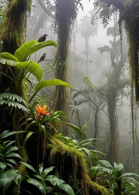 a misty cloud forest, epiphytes, orchids, exotic birds (masterpiece:0.99), (high image quality:1.08), (RAW:0.81),subsurface tering,(high resolution photograph:1.28),high definition,amazing quality, (aesthetic:1.08), absurdres, <lora:LCMTurboMix_Euler_A_fix.safetensors:0.96:0.3> p2,s1