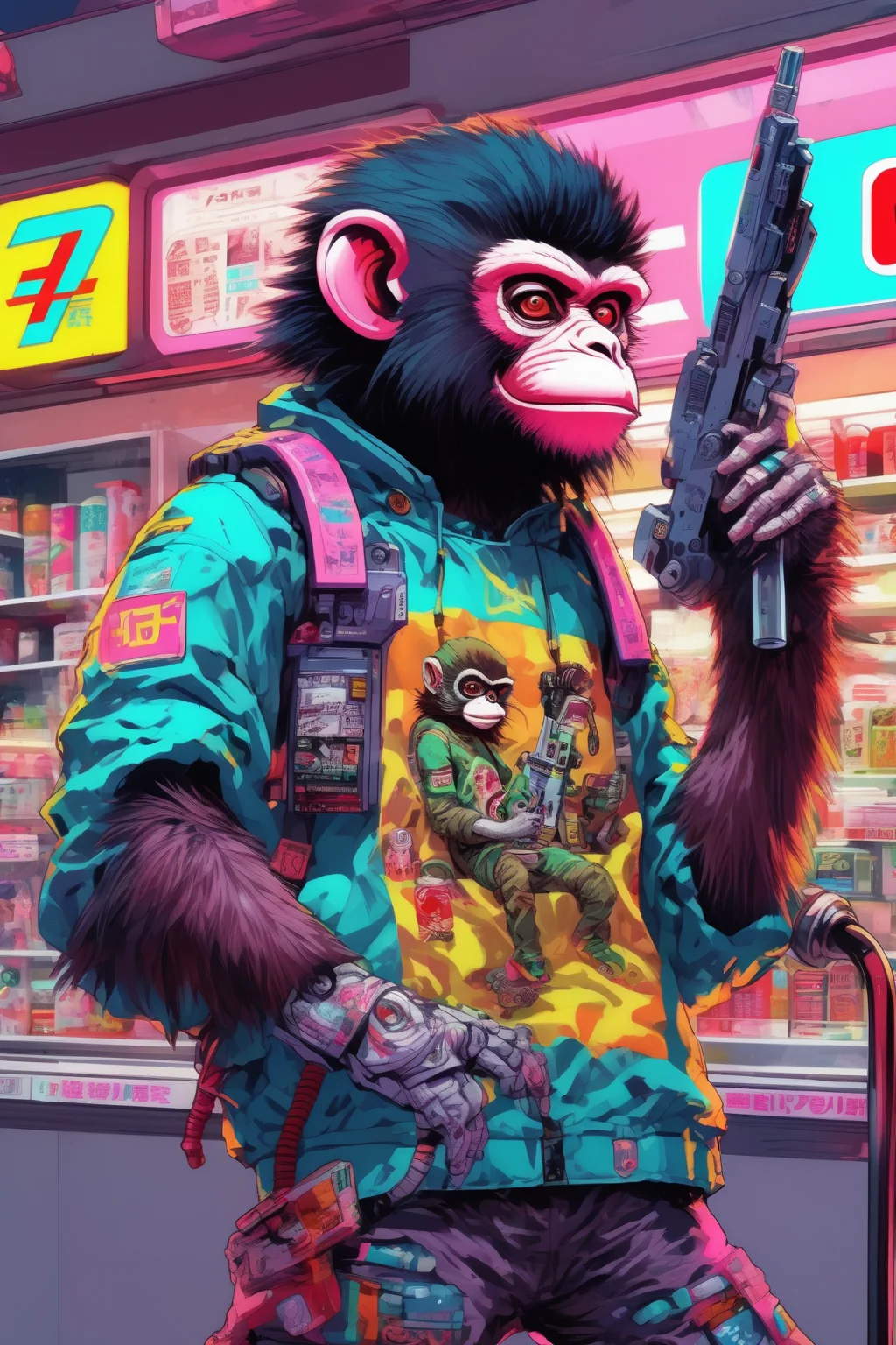 <lora:Liam Wong Style:1>Liam Wong Style - a monkey wearing streetwear, Vintage 90's anime style, cluttered 7/11 interior, neon lights, sci-fi colors, noisy, close up, mechanical arm and holding a gun