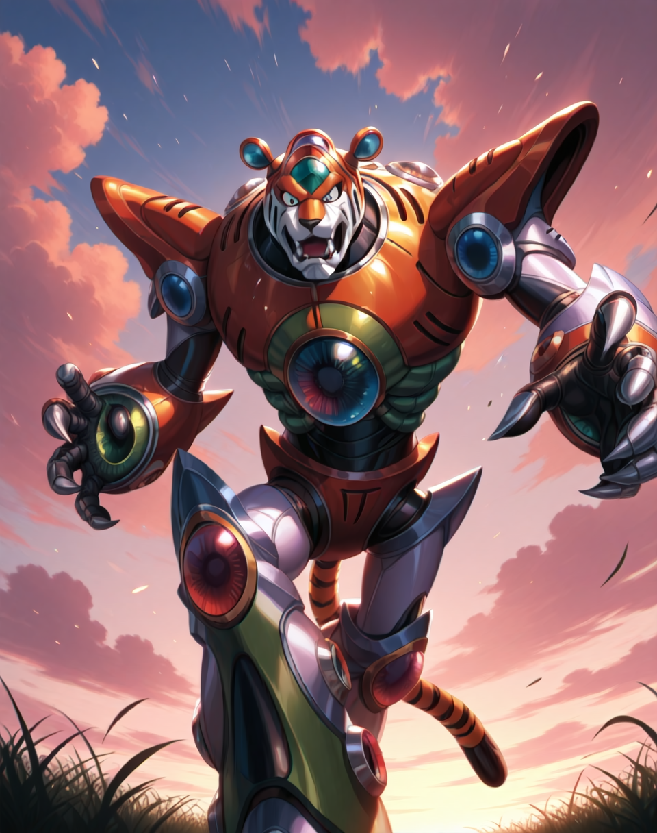 <lora:Neon_Tiger_(Mega_Man_X)_(Illustrious)_(AD):1.35> Neon Tiger, reploid, MMX, 
exterior, sky with clouds, grassy valley,
male focus, intense shadows, dynamic shadows, intricate details, attention to details, gradient coloring, bright vivid colors, robot, bent leg, glossy metal body, cowboy shot, 
BREAK very awe, masterpiece, best quality, amazing quality, very aesthetic, highres, absurdres, photographic realism, 8K CGI render,
EZRealPONYXL, zPDXL, Smooth Quality, lazynsfw,