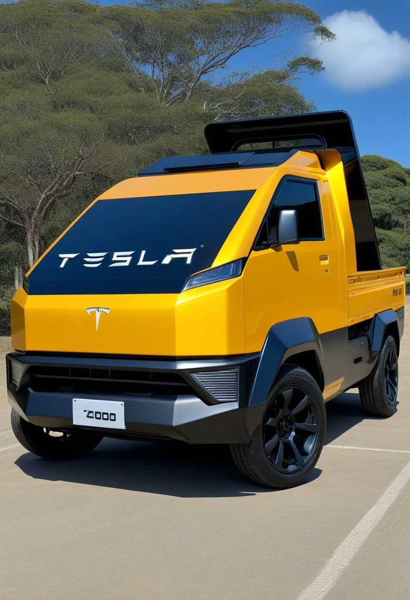 "Daihatsu Hijet Truck S100 yellow color photo of a sks teslacybert_dog tesla cybertruck, adaptative, Interestellar, unreal engine, Pickup , blue, black , steel, origami, TARS, Interestellar, ultrarealistic\"(and Ayami Kojima_hyper realism\" octane render ((spectrogram)),((best quality)), ((masterpiece)),"Create an image that blends the futuristic design of a Tesla Cybertruck with the compact charm of a Daihatsu Hijet Truck S100. Visualize a vehicle with the robust, angular silhouette of the Cybertruck, but scaled down to the size and proportions of the Hijet Truck. Incorporate sleek, metallic surfaces and futuristic LED lighting reminiscent of the Cybertruck, while maintaining the practicality and versatility of the Hijet Truck's design. Let the resulting image showcase a unique fusion of modern innovation and classic utility, offering a fresh perspective on both vehicles' iconic features." ("REPUBLICA DOMINICANA." text logo: 1.4), black, black, graffiti, toxic gas, logo, death, skull mask, cyberpunk mask, hood, giant scythe in ha