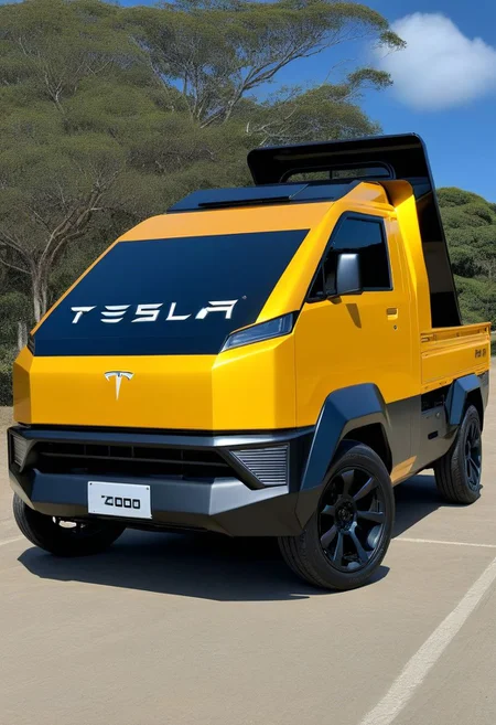 "Daihatsu Hijet Truck S100 yellow color photo of a sks teslacybert_dog tesla cybertruck, adaptative, Interestellar, unreal engine, Pickup , blue, black , steel, origami, TARS, Interestellar, ultrarealistic\"(and Ayami Kojima_hyper realism\" octane render ((spectrogram)),((best quality)), ((masterpiece)),"Create an image that blends the futuristic design of a Tesla Cybertruck with the compact charm of a Daihatsu Hijet Truck S100. Visualize a vehicle with the robust, angular silhouette of the Cybertruck, but scaled down to the size and proportions of the Hijet Truck. Incorporate sleek, metallic surfaces and futuristic LED lighting reminiscent of the Cybertruck, while maintaining the practicality and versatility of the Hijet Truck's design. Let the resulting image showcase a unique fusion of modern innovation and classic utility, offering a fresh perspective on both vehicles' iconic features." ("REPUBLICA DOMINICANA." text logo: 1.4), black, black, graffiti, toxic gas, logo, death, skull mask, cyberpunk mask, hood, giant scythe in ha