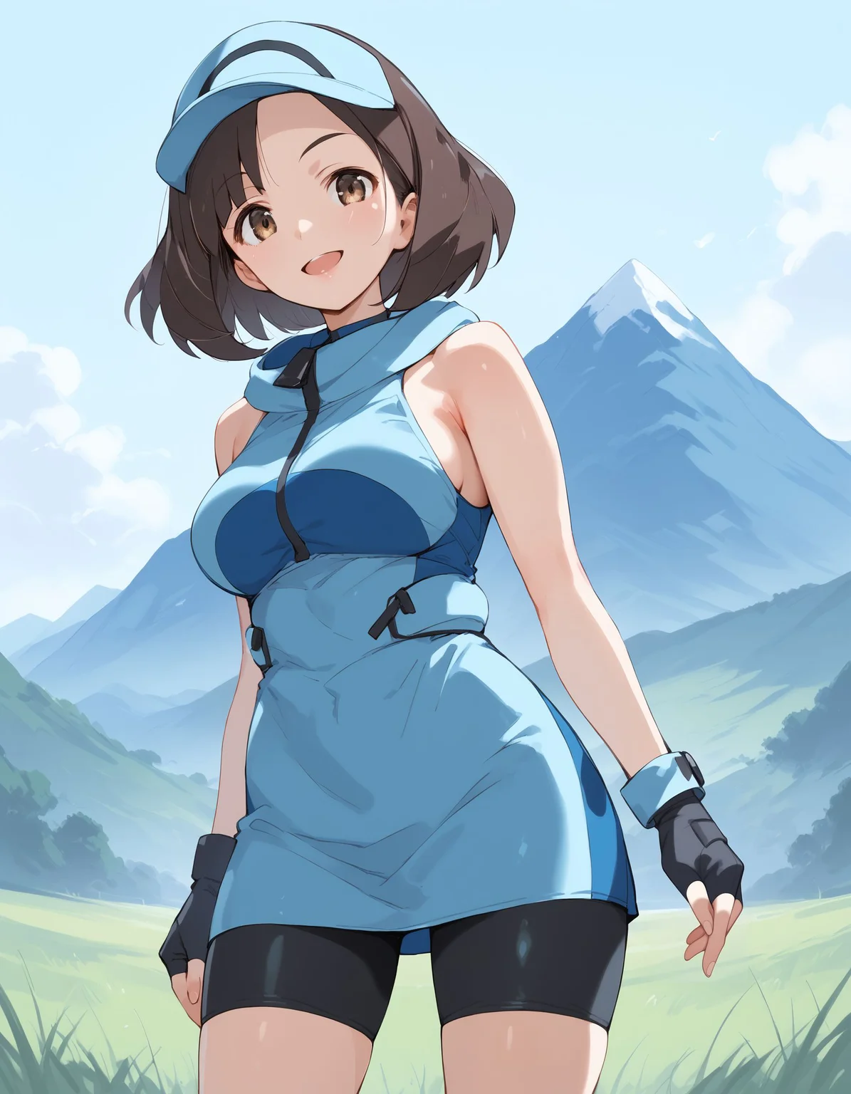 score_9, score_8_up, score_7_up, score_6_up, BREAK source_anime, best quality, masterpiece,
1girl,<lora:AcetrainerSMPonyXL-v1.1:0.8>,acetrainer sm,brown eyes,visor cap,hoodie,fingerless gloves,bike shorts,cowboy shot,standing,smile,grass,blue sky,mountain