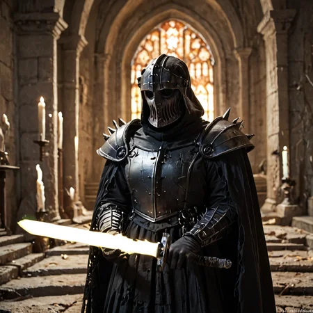 score_9, score_8_up, score_7_up, score_6_up, score_5_up, score_4_up, rating_safe,source_photo,detailed,a dark knight with spiked black armor and a helmet holding a black energy sword in a gloomy castle ,gothic horror,<lora:Ponyrealv3:0.8>,