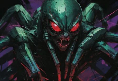 cinematic, stunning, gorgeous, masterpiece, high quality, (best quality:1.1), Close dystopian portrait illustration of a tarantula dark green, black, purple and red tones. dense foilage emphasize the drama of this digital artwork, which is kept in the style of ((classic comics)) but still has a modern look. a strong red hue.
