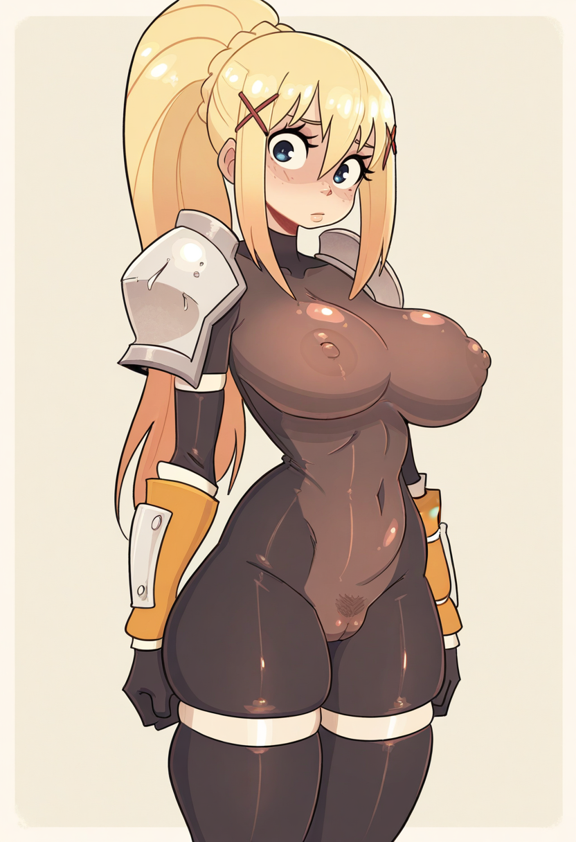 masterpiece, best quality,
 <lora:Jack_Cayless:1> j4ckc41l3ss,  1girl, solo, standing, looking at viewer, darkness \(konosuba\), blonde hair, bodysuit, shoulder armor, skindentation, covered nipples, cameltoe, female pubic hair, see-through clothes,