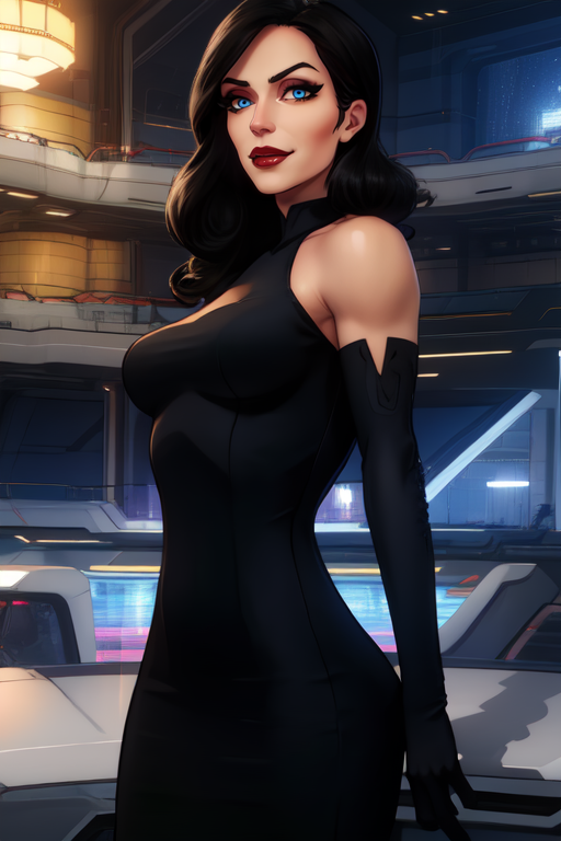 Brimstone, black hair, lips, blue eyes,  smug,  light smile, 
black dress,  skin tight, elbow gloves,  cowboy shot, 
 standing,  solo, upper body, 
  secret base, science fiction,  
 (insanely detailed, beautiful detailed face, masterpiece, beautiful detailed eyes, best quality)
 <lora:persephonebrimstone:0.8>