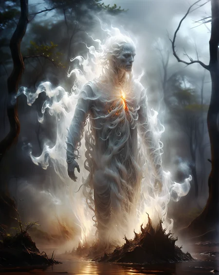 beautiful digital artwork of the earth soil elemental with filigree water features,stunning humanoid essence made of glowing liquid fire and dirt and dynamic earth energy in dark windy storm,white fog,in style by Dave White,Dan Mumford,Cyril Rolando and M.W Kaluta,hyperdetailed,amazing depth,(trees,water wind fire earth:1.1), amazing artwork by head of prompt engineering,<lora:Aether_Ghost_v1.1_LoRA:1> <lora:magik_smoke_v1.1:1>  <lora:fog_creatures_v4:0.6>