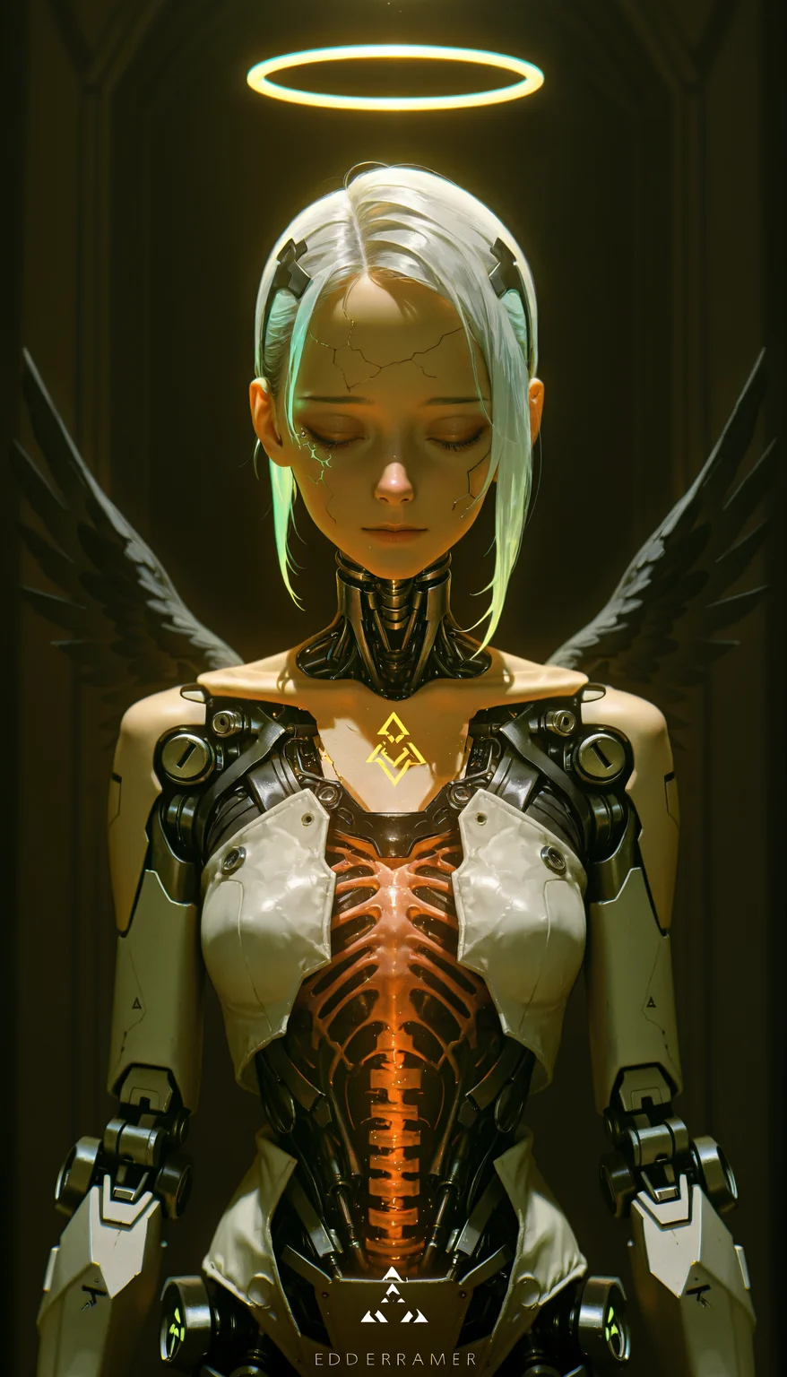 (absurdres, highres, masterpiece, absurdly_hires, best_quality, depth_of_field, cyberpunk, futuristic, science_fiction, biomechanical, mechabare, textured_hair, textured_clothing, skin texture, realistic, blender_\(artwork\), photo-referenced, photo_background)
(dre4mingde4th, looking_up, solo, upper_body, cyborg, female, mechanical_face, cracked_face, damaged_face, broken_robot, exposed_internal_machinery, robotic_jaw, closed_eyes, glowing_halo, black_wings, cinematic_lighting, detailed_mechanical_design, android, unsettling_beauty, serene, white_skin, dark_background, ethereal, angel, (damaged_face:1.3), (exposed_internal_machinery:1.3), (mechanical_parts:1.2))