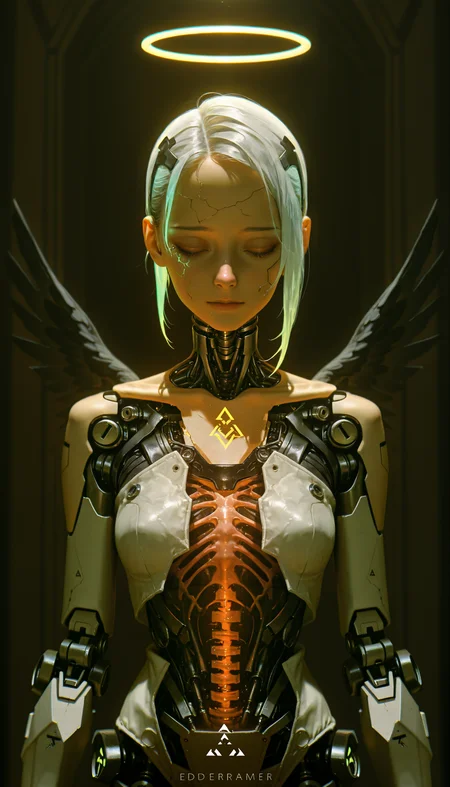(absurdres, highres, masterpiece, absurdly_hires, best_quality, depth_of_field, cyberpunk, futuristic, science_fiction, biomechanical, mechabare, textured_hair, textured_clothing, skin texture, realistic, blender_\(artwork\), photo-referenced, photo_background)
(dre4mingde4th, looking_up, solo, upper_body, cyborg, female, mechanical_face, cracked_face, damaged_face, broken_robot, exposed_internal_machinery, robotic_jaw, closed_eyes, glowing_halo, black_wings, cinematic_lighting, detailed_mechanical_design, android, unsettling_beauty, serene, white_skin, dark_background, ethereal, angel, (damaged_face:1.3), (exposed_internal_machinery:1.3), (mechanical_parts:1.2))