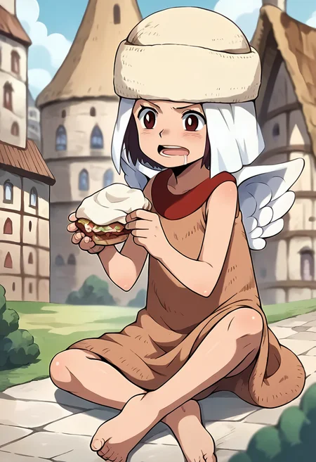 score_9, score_8_up, score_7_up, source_anime, masterpiece, 1girl, ctianaisa, hat, brown dress, wings, barefoot, outdoors, town, depth of field, sitting, holding food, drool,   <lora:Aisa_onepiece_pony_ct:1>
