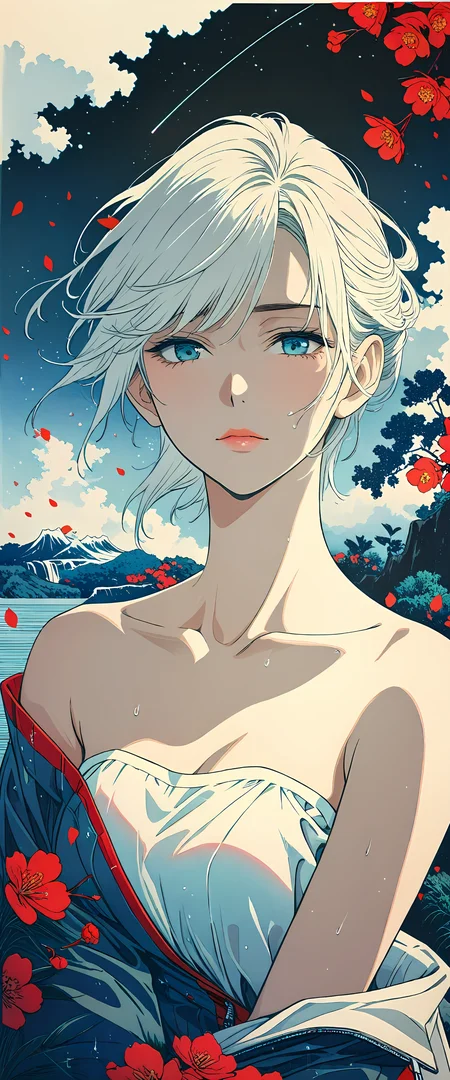 masterpiece, best quality, very aesthetic, absurdres, Professional Fashion concept, Ukiyo-e art styles, woodcuts style, by Uemura Shoen and Hiromu Arakawa, KHsty-XL, <lora:KHsty-XL-v3-AN:0.5>,
break
1girl, supermodel, aged up, mature, detailed beautiful face, lips, crazy, Japanese beauties, feminine one-piece with a floral-printed top, ruffled straps, and a solid-color bottom,, strapless, off shoulder, bare shoulders, collarbone, looking away, dynamic pose, from side, perfect composition, perspective, depth of field, bokeh,
break
dark scenery, storm, wind, rain, mist, ocean, waterfall, cloud, flowers, plum blossoms, floral, birds, cherry petals flying in the air, leaf, plant, tree, lush green rice paddies, moon, moonlight, cliff, wind effects, galaxy, starry sky, nebula, shooting star, milky way, The Beauty of Nature, The Aesthetics of Nature, Zen-tangle,
break
cinematic, highly detailed, extremely detailed, intricate details, fine texture, crisp detail, crisp edges, muted minimal, line art, iridescent, high contrast, shadows, chromatic aberration, HDR high dynamic range style, <lora:HDR high dynamic range style:0.5>,
break
<lora:Midjourney Image Enhancer XL v1:0.5>, <lora:MJ52:0.5>, <lora:VOGUE_Fashion_Magazine_Cover_Vintage_1960-1975_SDXL:0.5>, <lora:sinfully_stylish_SDKL:0.1>, <lora:Desolation:0.1>, <lora:add-detail-xl:1.5>,