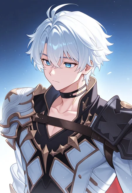 masterpiece,best quality,amazing quality, source_anime,
Phainonhsr, 1boy, male focus, solo, blue eyes, white hair, black choker, neck tatto, shoulder armor, shirt, black shirt, coat, white coat, cape,