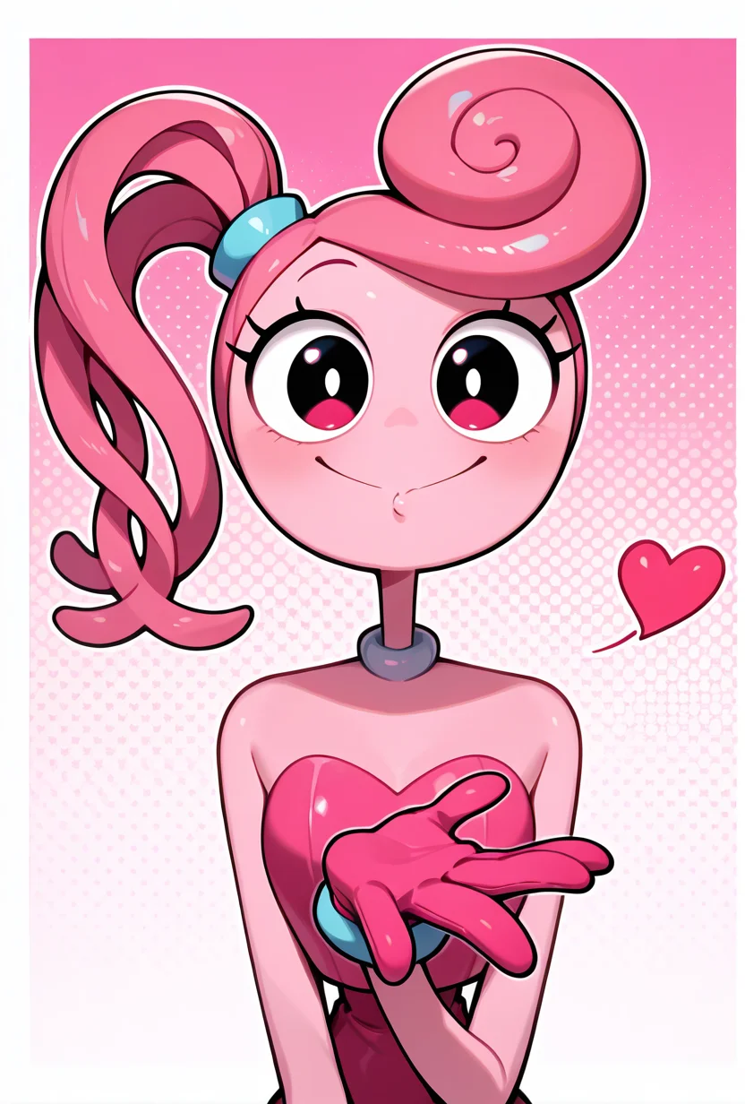 <lora:mmylnglgs-10:1> mmylnglgs, pink hair, 1girl, big smile, , pink skin, pink gloves, side ponytail, long limbs, round head, dynamic pose,    <lora:FrierenBlowingKissMeme_illusXLNoobAI_Incrs_v1:1> blowing kiss, heart, puckered lips, o3o, masterpiece, best quality, amazing quality, very aesthetic, absurdres, newest,, upper body, halftone effect, white borders, abstract background:1.2,