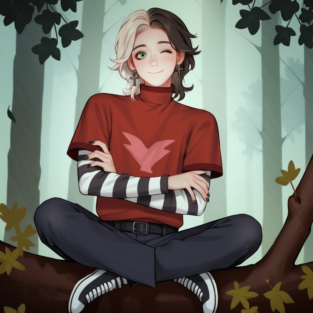 ((Forest background)),score_9, score_8_up, score_7_up,score_6_up, 1male, watergreen eyes, two tone hair, half-white-half-brown hair, wolfcut-styled hair, small pointed nose, Grey-colored crucifix earrings, pale skin, shoulder-length hair, layered hair, wolf cut, two-tone hair, red short-sleeved turtleneck, black and white striped long-sleeves, navy trousers, black belt, layered sleeves, layered sleeves,  cross earrings, two-tone hair, pink angel silhouette on shirt, layered hair, perfect hands, detailed eyes, perfect eyes, black very short nails, realism, hd, beautiful, cinematic, smile, warm colors, solo, wink, closed mouth, sitting on a tree, crossed legs