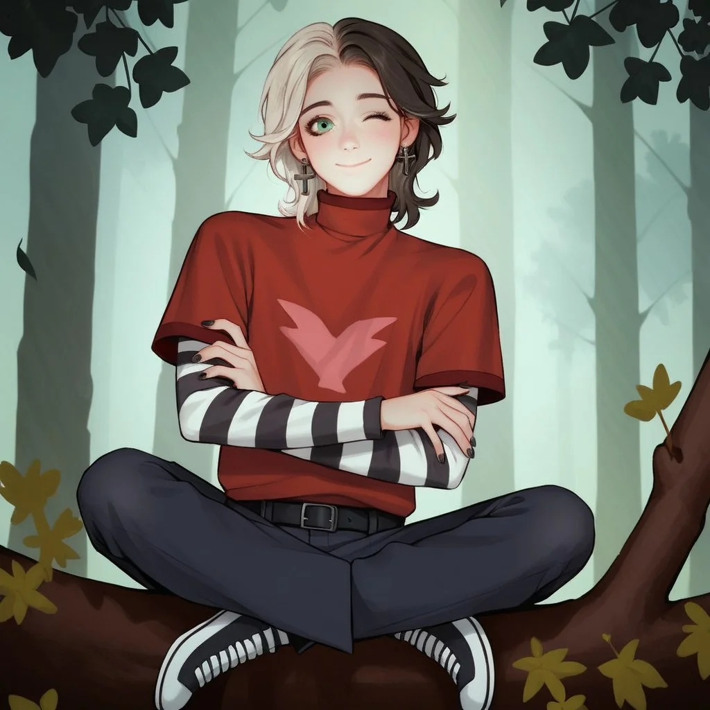 ((Forest background)),score_9, score_8_up, score_7_up,score_6_up, 1male, watergreen eyes, two tone hair, half-white-half-brown hair, wolfcut-styled hair, small pointed nose, Grey-colored crucifix earrings, pale skin, shoulder-length hair, layered hair, wolf cut, two-tone hair, red short-sleeved turtleneck, black and white striped long-sleeves, navy trousers, black belt, layered sleeves, layered sleeves, cross earrings, two-tone hair, pink angel silhouette on shirt, layered hair, perfect hands, detailed eyes, perfect eyes, black very short nails, realism, hd, beautiful, cinematic, smile, warm colors, solo, wink, closed mouth, sitting on a tree, crossed legs