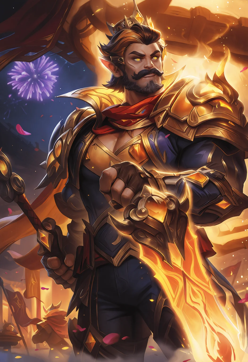 lolart, weapon, male focus, muscular male, facial hair, 1boy, thick arms, mature male, manly, muscular, beard, gauntlets, armor, gloves, official alternate costume, teeth, shoulder armor, outdoors, biceps, short hair, solo, artist name, cape, holding, fighting stance, leg armor, fire, pants, alternate costume, grey hair, gem, bara, yellow eyes, fireworks, thick eyebrows, looking at viewer, holding weapon, sword, glowing, sky, black hair, smile, scarf, mustache, crown, upper body, pectorals, white hair, night, glowing eyes, signature, red cape, multiple boys, shirt, pointy ears, closed mouth, green eyes, jacket, flag, bangs, fingerless gloves, gun, multicolored hair, shoulder pads, night sky, belt, brown hair, looking to the side, light, 1girl, petals, spiked hair, long hair, black gloves, wood, smoke, large pectorals <lora:lolart-ill-v3:1.0000000000000002>