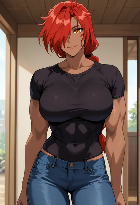 masterpiece, best quality, amazing quality, absurdres, 1girl, solo, cowboy shot, genieww, mature female, dark skin, dark-skinned female, muscular female, orange eyes, red hair, low-tied long hair, single braid, hair over one eye, facial mark, large breasts, t-shirt, jeans, looking at viewer, smile, indoors, day, skindentation, detailed clothing folds, depth of field, sharp, high contrast, dynamic light <lora:Genie_Mahou_Senshi_Louie_ill_v12:0.9>