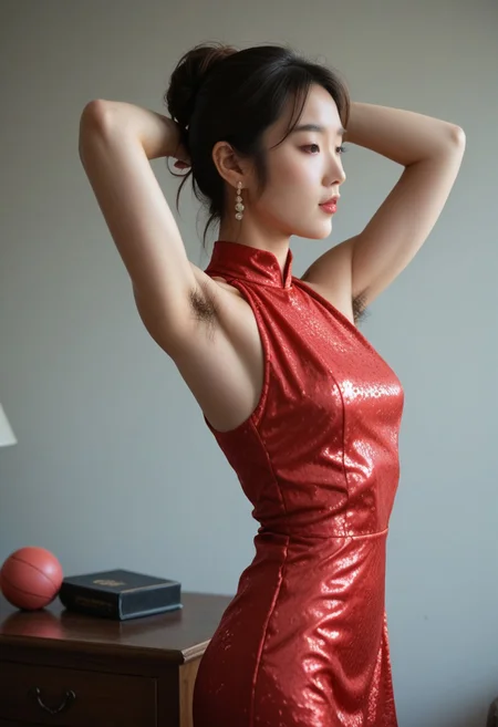 score_9, score_8_up, score_7_up, ladyburns, sideburns, 1girl, solo, jewelry, earrings, brown hair, asian, profile <lora:Lady_Sideburns-000008:1>, arms up, hands behind head, sleeveless red dress, shiny dress, armpit hair, ((hairy armpits)), broad sholders, athletic arms, fit woman, woman in backgrown wearing gowns, ball room party