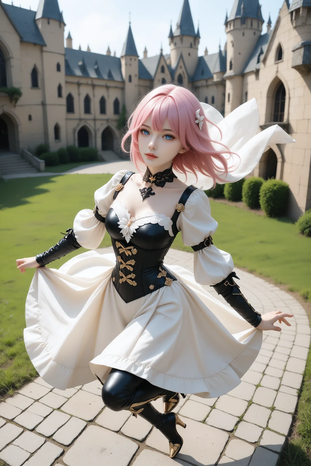 g0th1c80dy5u1t, score_9, score_8_up, score_7_up, 1girl, elysia_(honkai_impact), honkai_(series), pink_hair, blue_eyes, from above, jumping, medieval castle, knights, armor, white robe, cutout, slit, golden embellishment, golden gladiator sandals, heels, <lora:m0r4n4:1.0>