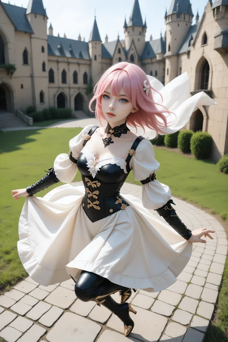 g0th1c80dy5u1t, score_9, score_8_up, score_7_up, 1girl, elysia_(honkai_impact), honkai_(series), pink_hair, blue_eyes, from above, jumping, medieval castle, knights, armor, white robe, cutout, slit, golden embellishment, golden gladiator sandals, heels, <lora:m0r4n4:1.0>