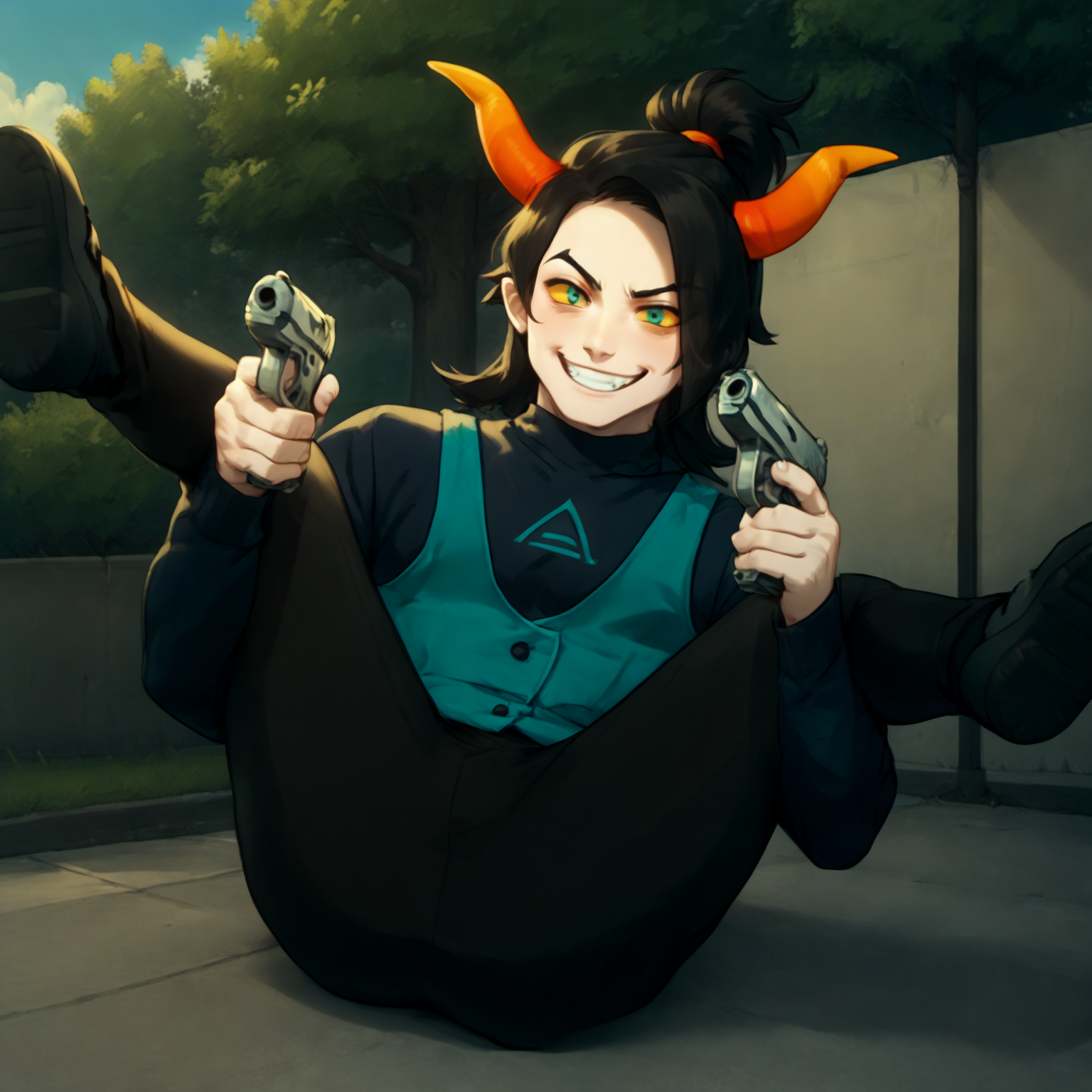 score_9, score_8_up, score_7_up, HD, best quality, masterpiece, tagora, 1boy, solo, homestuck troll, grey skin, coloured skin, yellow sclera, coloured sclera, black hair, long hair, small ponytail, teal eyes, horns, orange horns, black sweater, symbol on sweater, teal vest, black shoes, wide smile, evil grin, f1lthy9uns, lying on back, legs up, spread legs,holding weapons, holding gun, handgun, dual wielding,holding object, dual wielding, outdoors, park