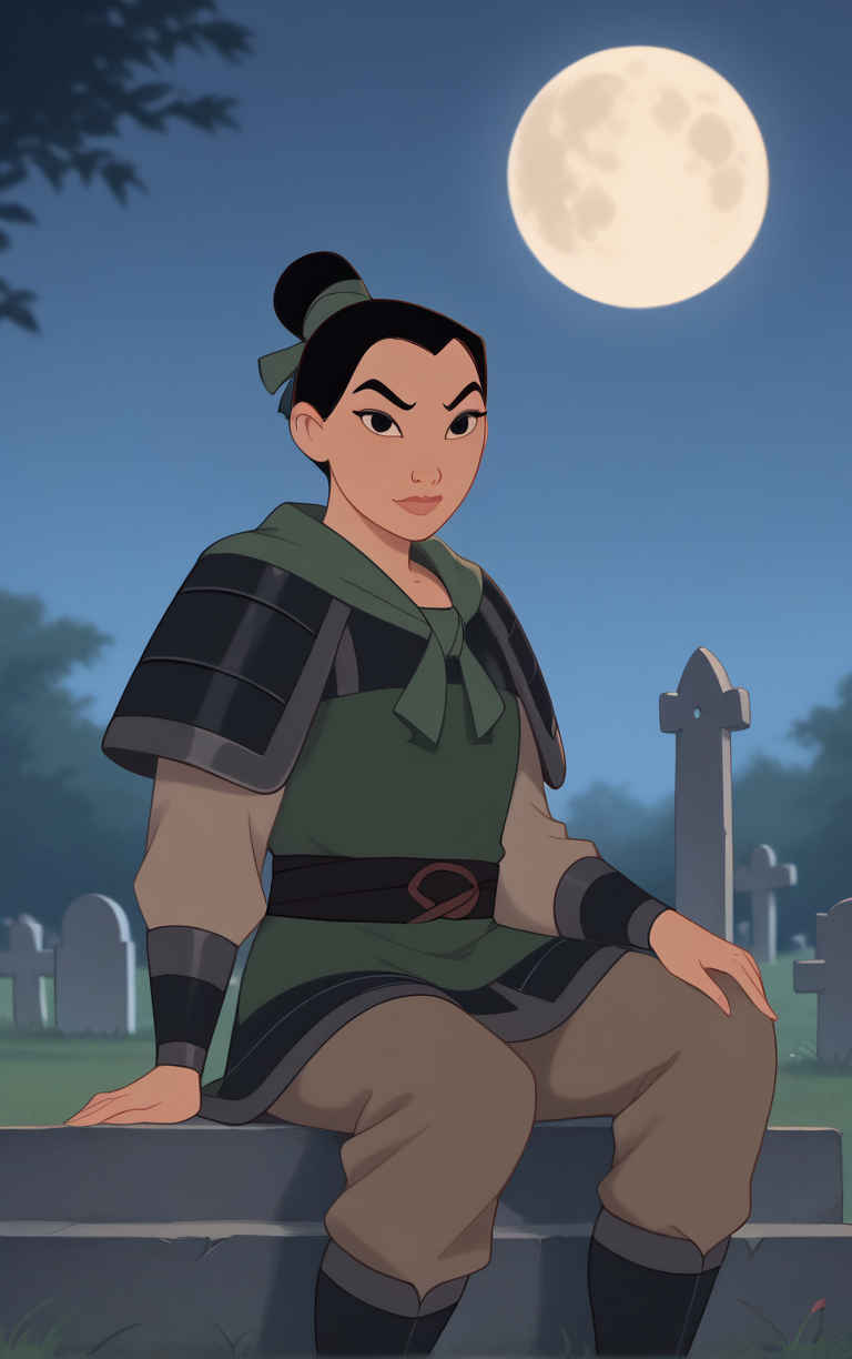 score_9, score_8_up, score_7_up, looking at viewer,  BREAK
Armor Fa Mulan ownwaifu, 
1girl, black hair, black eyes, single hair bun, short hair, dark skin, thick eyebrows,  hair ribbon, makeup,
shoulder armor, topknot, armor, japanese armor, sheath, long sleeves, sheathed, green shirt, pants, pauldrons, ribbon, belt, 
(sitting, full moon), graveyard, grave, tombstone, moonlight, <lora:PONYXL_Fa_Mulan_Movie_ownwaifu:0.8> , depth of field, solo,