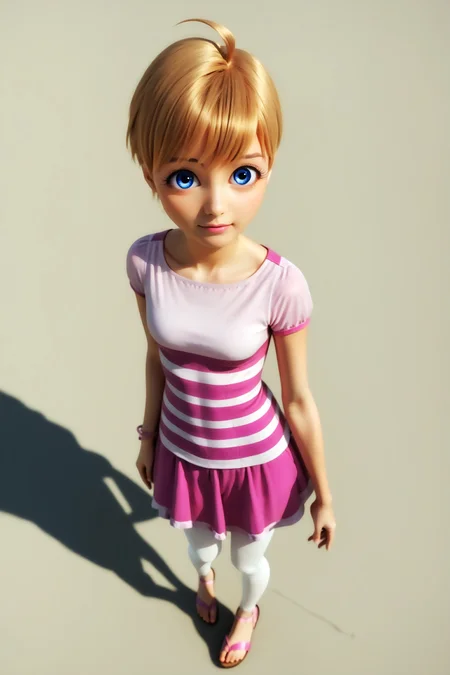 score_9, score_8_up, score_7_up, masterpiece, high quality, solo, imtdroselavillant, 1girl, short hair, blonde hair, dress, blue eyes, striped dress, bracelet, white pantyhose, short sleeves, ahoge, sandals, eyelashes, bangs, cute, kawaii, beautiful landscape, dynamic pose, dynamic angle, random view, rating_safe
