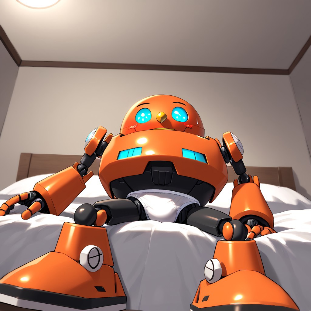 score_9, score_8_up, score_8, bedroom, on bed, against wall, EggPawn, robot, mecha, orange body, round body dome-shaped head, blank cyan eyes, sharp yellow nose, wide glowing panel for a mouth, black lower torso section, solo, blushing, embarrssed, underwear, white briefs, bulge, low angle, musky, musk clouds, steam sweaty, sweatdrop, laying on bed, sitting,
