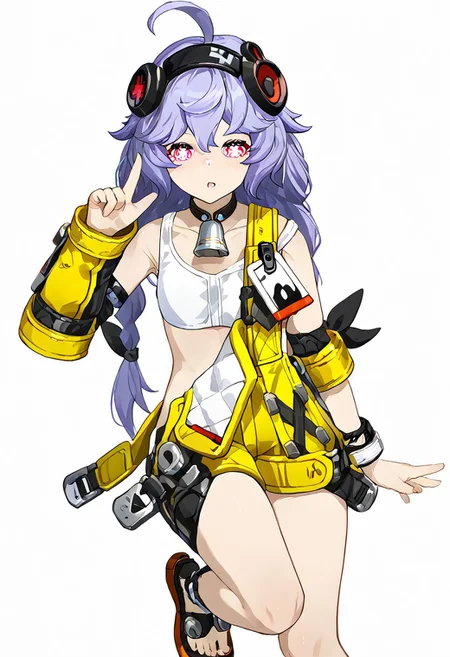 score_9, score_8_up, score_7_up, score_6_up, score_5_up, score_4_up, source_anime, solo, 1girl,
mhk,shorts yellow, bright pupils, twintails, black bow, bare shoulders, headphones, white pupils, +_+, pink eyes, wristband, flip-flops, id card, black choker, light purple hair, sports bra, sleeveless, white tank top, , low twintails hair ribbon,, red eyes, toeless footwear, arm warmers, multicolored eyes, neck bell, headset, overalls, jacket, hairband, single braid, black hairband,
masterpiece, best quality, very aesthetic, absurdres,