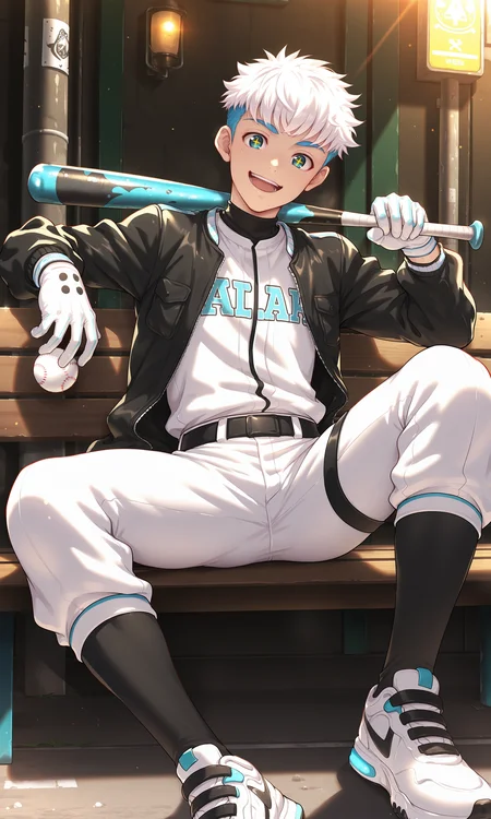 1boy, male focus, slim, MilkOP, dynamic pose, solo, looking at viewer, white hair, open mouth, smile, +_+, white gloves, baseball ball, black jacket, white pants, white shirt, open clothes, black socks, white sneakers, holding baseball bat, shaded, substitute bench, sitting, outdoors, (masterpiece:1.35), (very aesthetic, best quality:1.3), detailed shading, detailed skin, realistic shading, highly detailed, masterful composition, cinematic lighting, close-up, <lora:MilkOP_XL_V10_ILL:1>