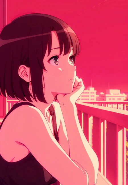 safe_pos, flat colors, masterpiece, best quality, amazing quality,
1girl, <lora:megumikatoIL:1>, katomegumi, animated, 1girl,solo,black hair,bangs,short hair,brown eyes,pupils, upper body, looking afar,  head rest, medium breast, tank top,
balcony, red sky,outdoors, 
<lora:ponyv4_noob1_2_adamW-000017:0.2>,((eye fix))