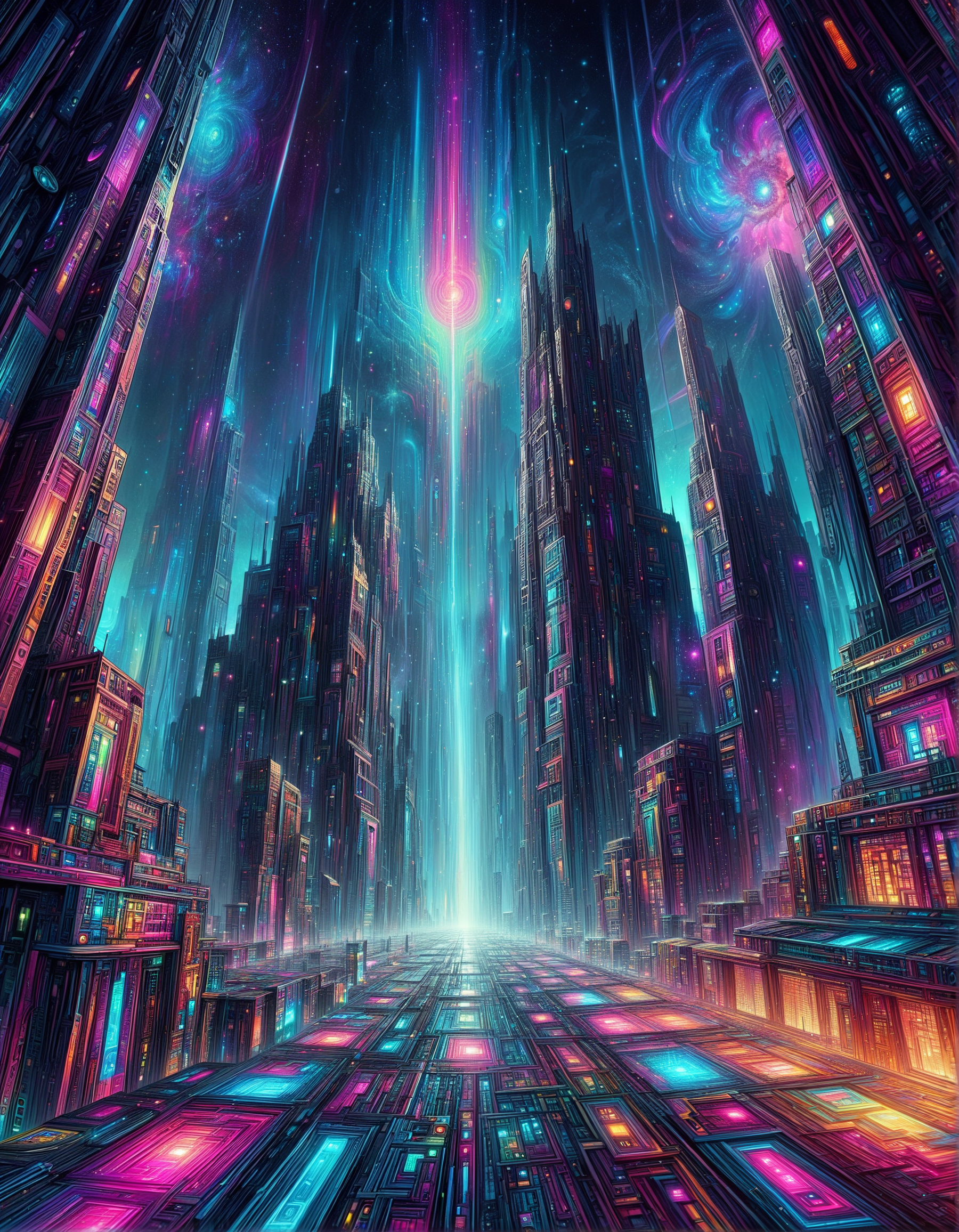 trippy artwork, illustration, abstract, vibrant, sci-fi city, gigantic buildings, intricate architecture, colorful neon lights, nebula sky, dark, eerie, high contrasts