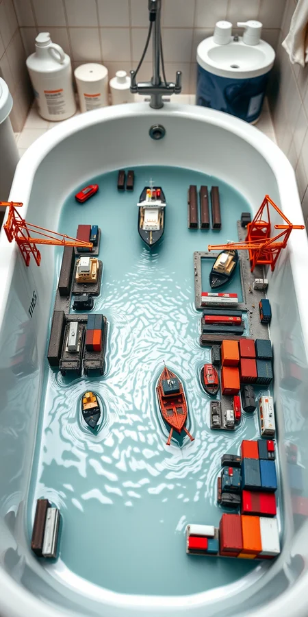 A realistic, zoomed-out photo of a harbor scene, but instead of being set in a real, expansive environment, the entire harbor is situated in a bathtub, giving the impression of a detailed miniature model. The harbor is complete with tiny ships, cranes, containers, and docks, all scaled down to fit within the confines of the bathtub. The water in the tub mimics the appearance of a calm sea, with gentle ripples around the miniature boats. The white porcelain of the bathtub contrasts with the intricate, realistic details of the harbor. Surrounding the bathtub are everyday bathroom items, subtly visible in the background, reinforcing the surreal setting of this miniature world.