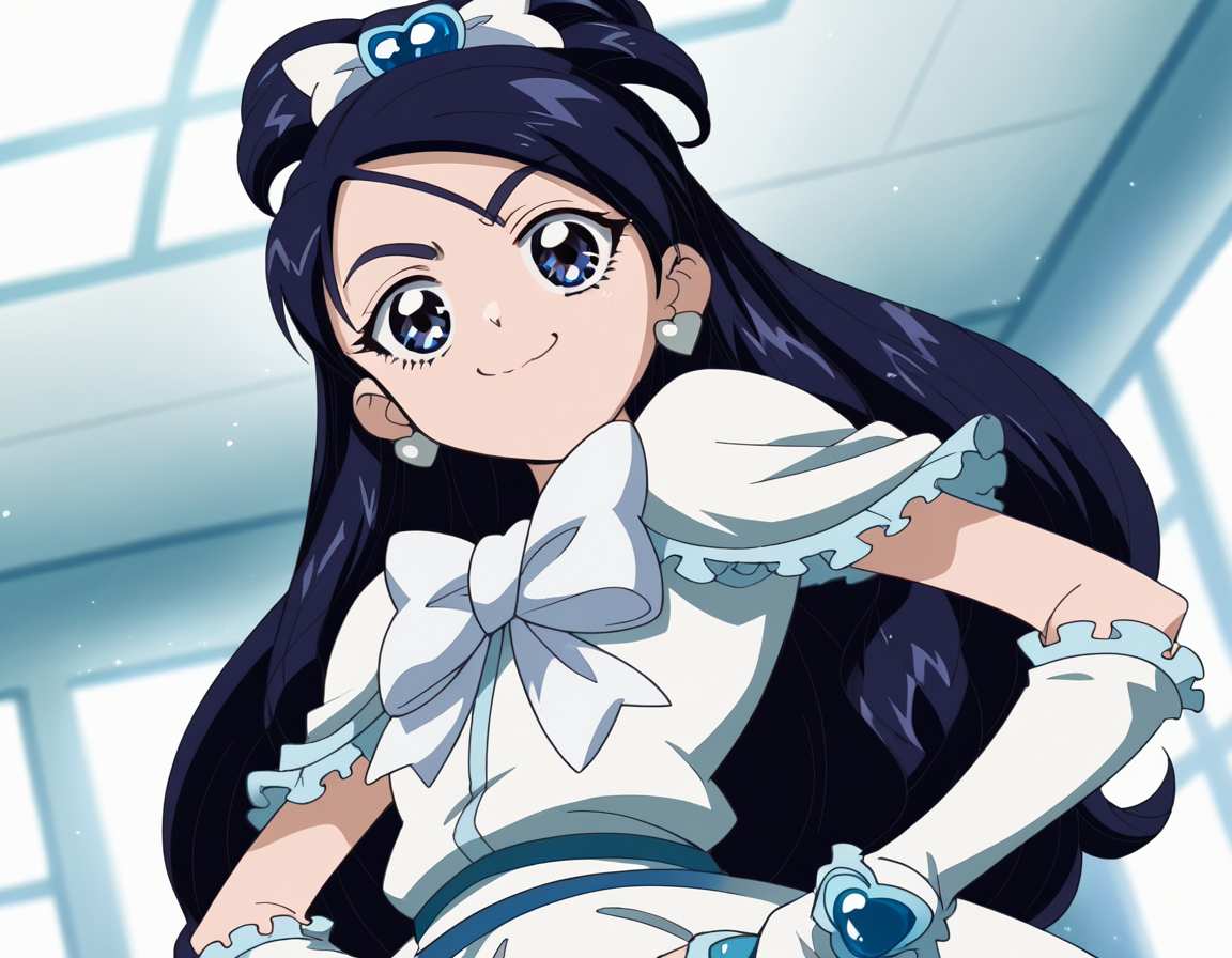 score_9, score_8_up, score_7_up, source_anime, <lora:honoka-yukishiro-anime-ponyxl-lora-nochekaiser:1>, honoka yukishiro, long hair, blue eyes, hair ornament, blue hair, hairclip,, dress, jewelry, earrings, magical girl, half updo, cure white, frills, bowtie, white bowtie, gloves,, indoors, smug, smile, looking at viewer, solo, hands on hips,, cowboy shot, dutch angle