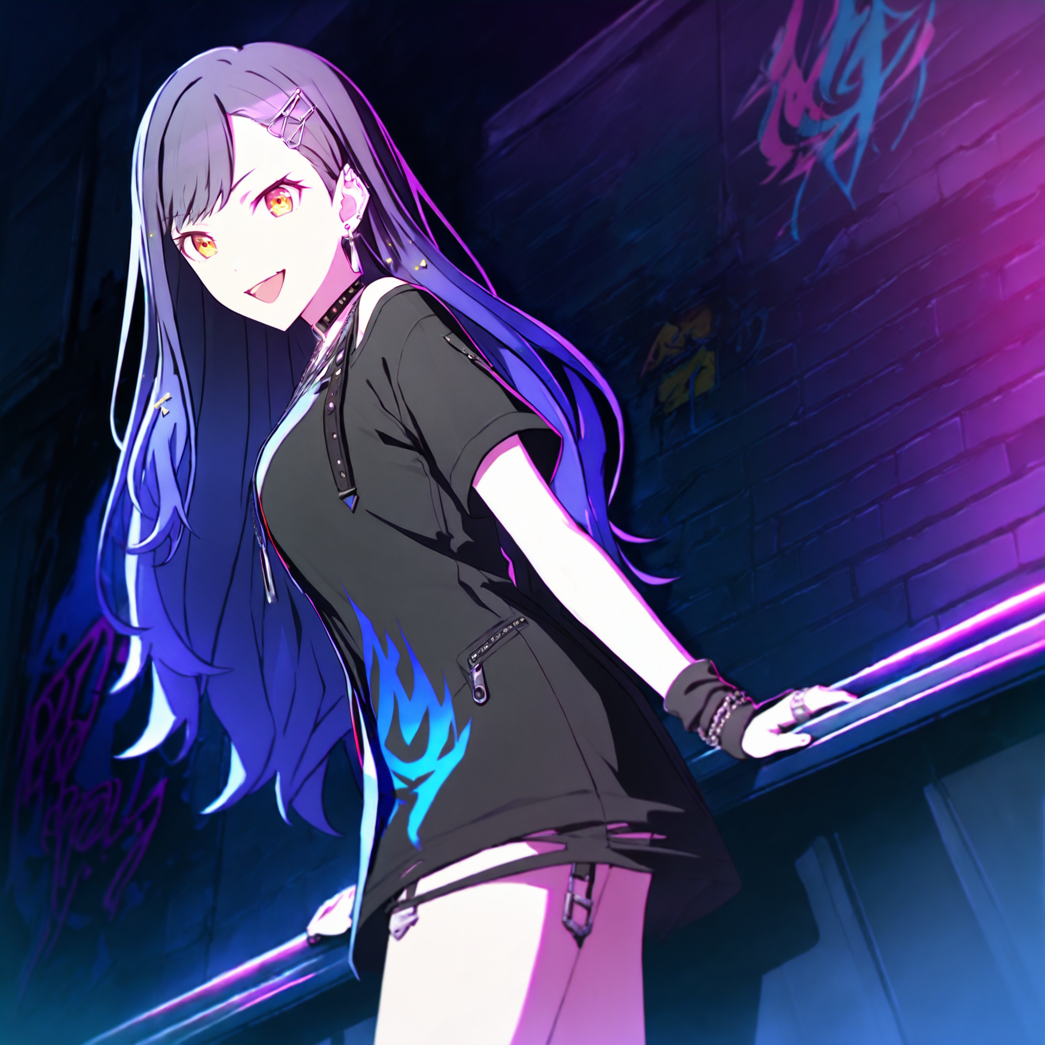 masterpiece, high score, great score, absurdres, official art,
1girl, shiraishi an, project sekai, 
(yearningflame:1.2), black and royal blue gradient hair, long hair, orange eyes, swept bangs, cowboy shot, perfect hand, 
looking at viewer, :D, from below, leaning forward, support arm, BREAK
black arm warmer, black t-shirt, short sleeves, ring, black choker, single earring, blue flame printed shirt, bracelet, ear piercing, necklace, piercing, hairclip, torn shirt,
dark  atmosphere, night, graffiti on wall, neon light, street,
 <lora:xl40-vbs-YearningFlame01:0.9>