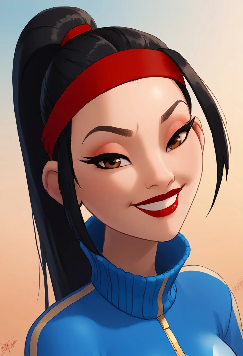 score_9, score_8_up, score_7_up, ultra quality, solo, 1girl, chang'e_tt, 1girl, asian, high ponytail (black hair, red headband), big eyelashes, brown eyes, makeup, red eyeshadow, red lipstick, red nails, red wristbands, blue track jacket (turtleneck, wide sleeves), light blue spandex, smug smile, big hips, big butt, bubble butt, breasts, narrow waist, curvy, score_9, score_8_up, score_7_up, score_6_up, looking at the viewer, standing, close up, face focus, aeolus06