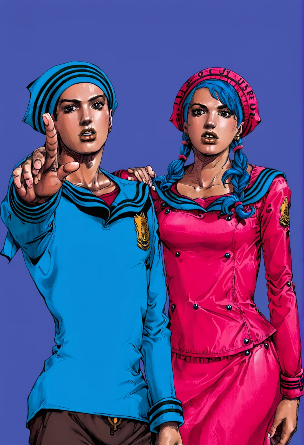 a man and a woman, The man is sailor  wearing a blue turban on his head and is saluting with his right hand, He has a serious expression on his face, The woman is also wearing a pink top and has blue hair, She is also looking at the man with a concerned expression , blue background, by araki hirohiko   <lora:araki_hirohiko-000009:0.7> <lora:hand 4:0.4>